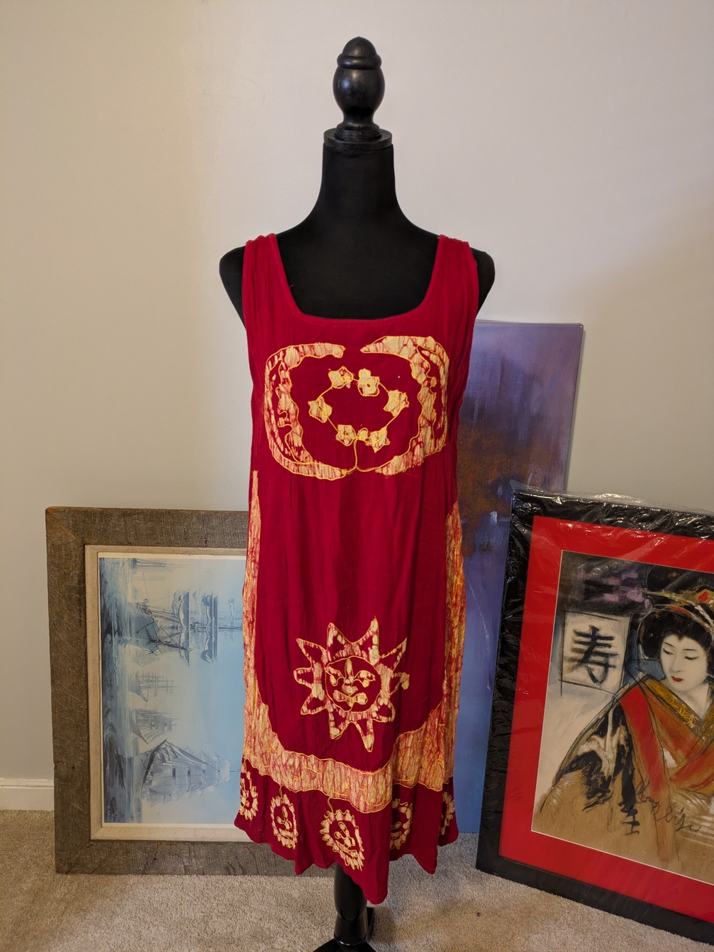 Advance Apparels Red and Yellow Batik Sun And Moon Sleeveless Dress Free Size